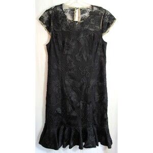 Halston Black Floral Lace Overlay Knee Length Cap Sleeve Ruffle Hem Dress 12 EUC